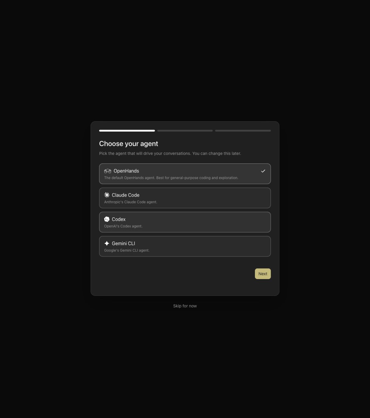 Choose OpenHands as the native agent during Agent Canvas onboarding
