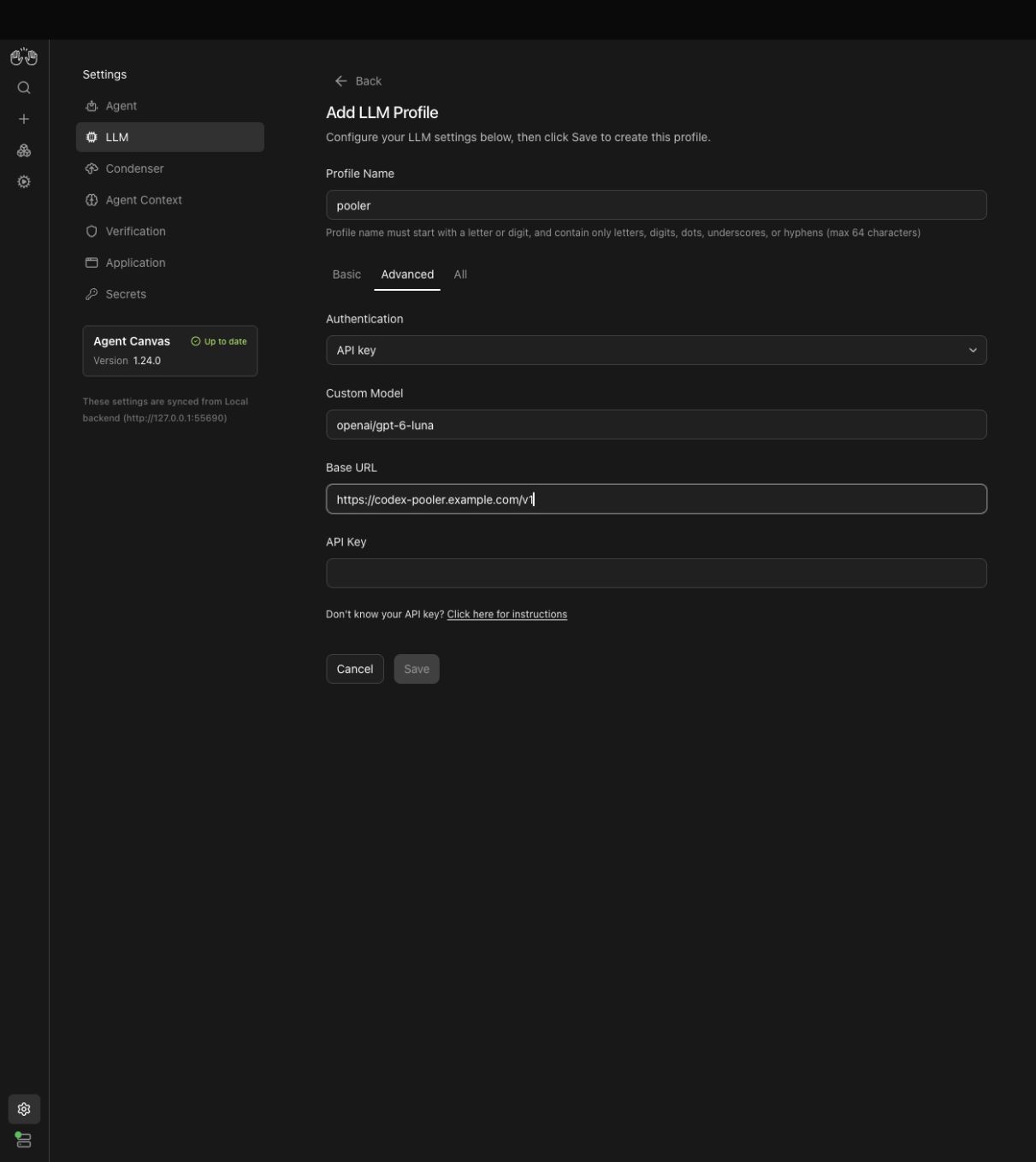 Agent Canvas Advanced LLM profile with the Pooler model and deployed base URL