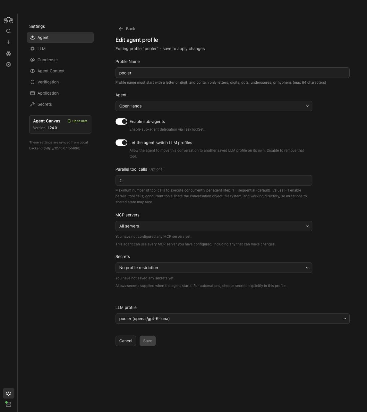 OpenHands agent settings with sub-agents enabled and parallel tool calls set to two