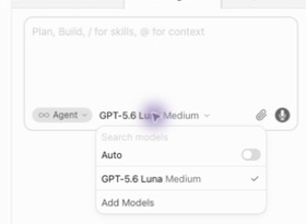 Cursor model picker with Auto off and GPT-6 Luna selected