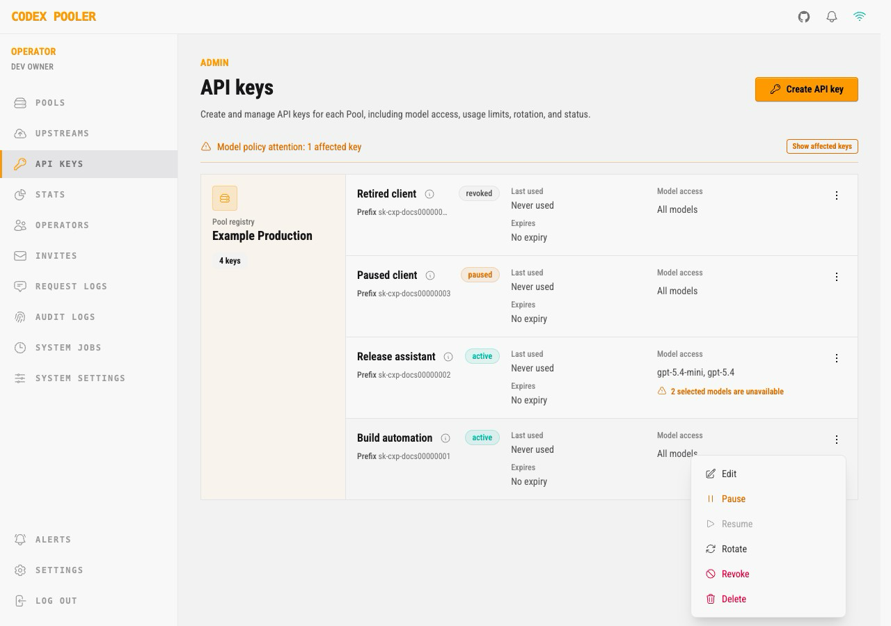 API key action menu