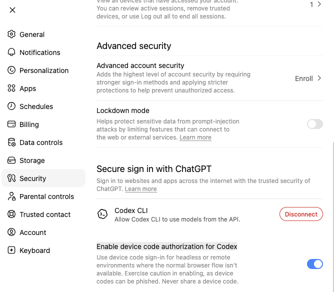 ChatGPT Security setting for Codex device-code authorization