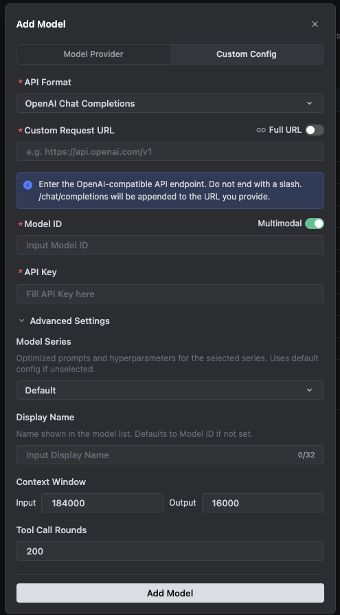 Trae custom model configuration for Codex Pooler