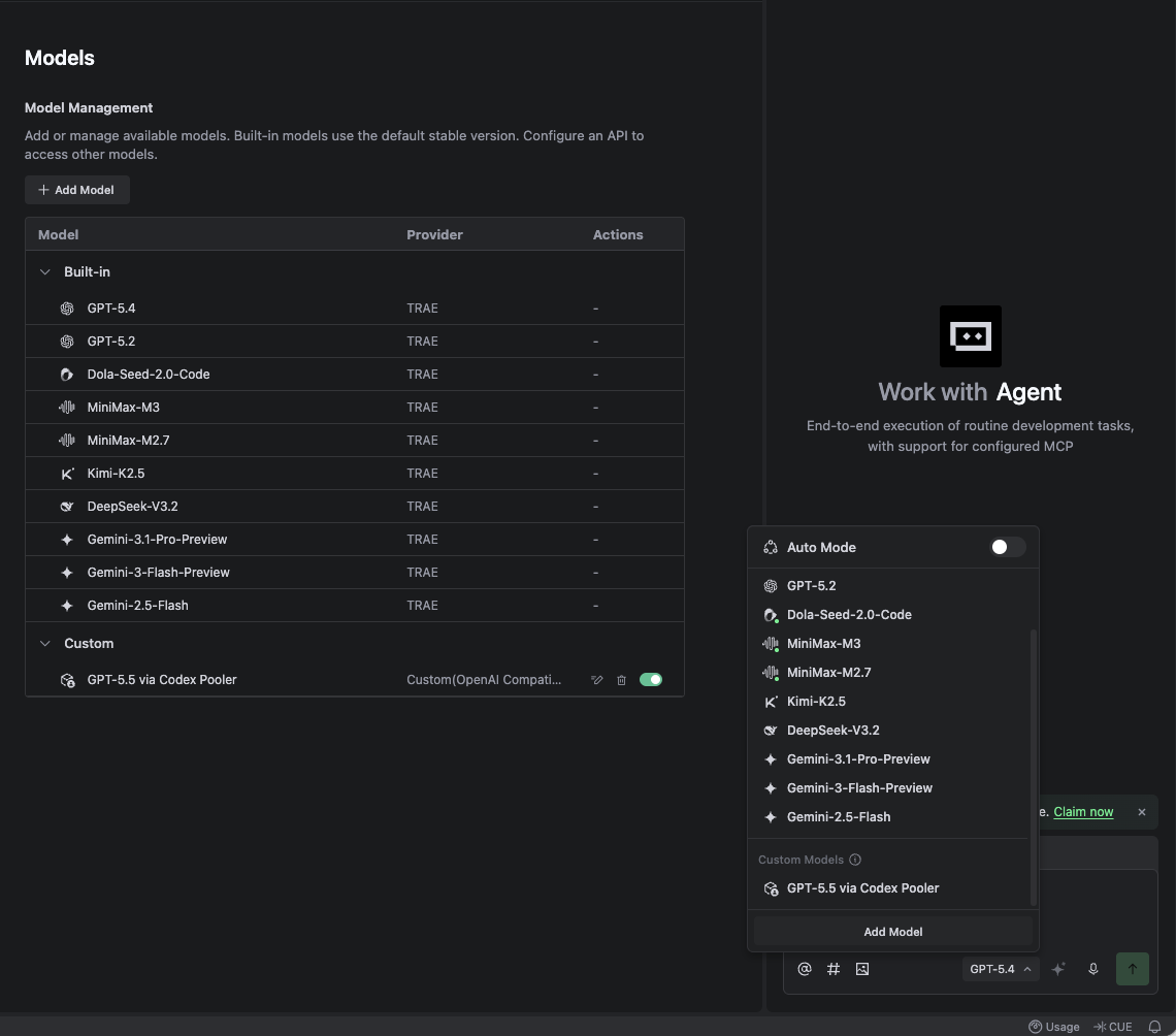 Trae model picker with Auto Mode off and Codex Pooler selected